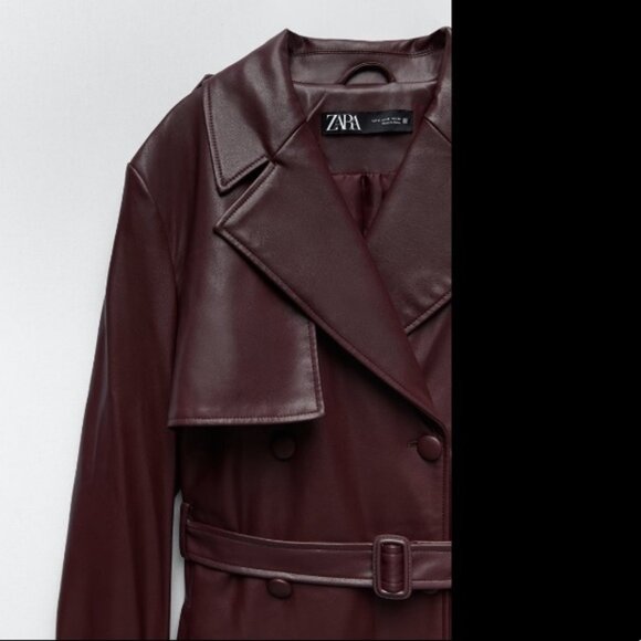 NWT ZARA Burgundy Faux Leather Trench Coat, Sz L - Picture 4 of 16
